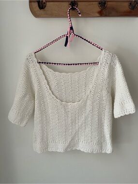 Sezane White Crocheted Scoop-Neck Crop Top